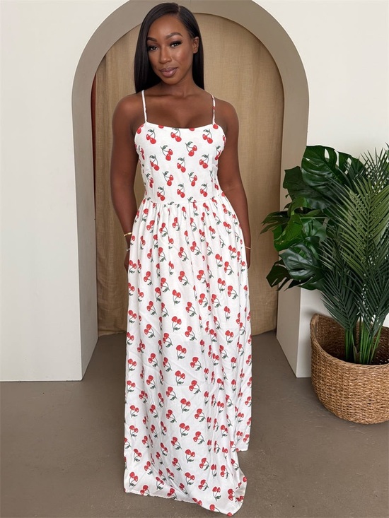 Endless MCON Dresses & Skirts - White Cherry Print Maxi Dress with Spaghetti Straps and Fitted Bodice
